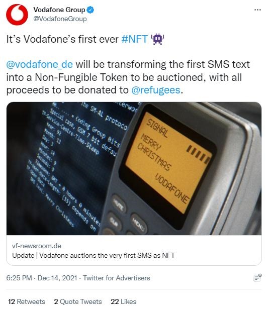 英國沃達豐公司也表示，計劃將拍賣所得全部捐贈給聯(lián)合國難民署，以支持那些被迫逃離家園的人。(圖片來源：英國沃達豐公司社交媒體截圖)