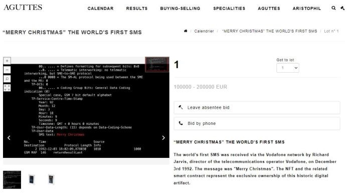 法國阿古特拍賣行網站上，世界第一條短信的拍賣信息。圖片來源：阿古特拍賣行網站截圖