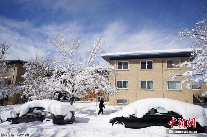 資料圖：當(dāng)?shù)貢r間2021年3月15日，美國科羅拉多州丹佛，當(dāng)?shù)赜瓉韽姳╋L(fēng)雪天氣，城市被積雪覆蓋。