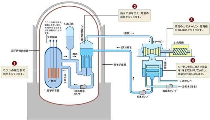 核電站運作原理圖。通常的核電站排水未直接接觸核燃料。（圖片來源：日本北海道電力株式會社網(wǎng)站）