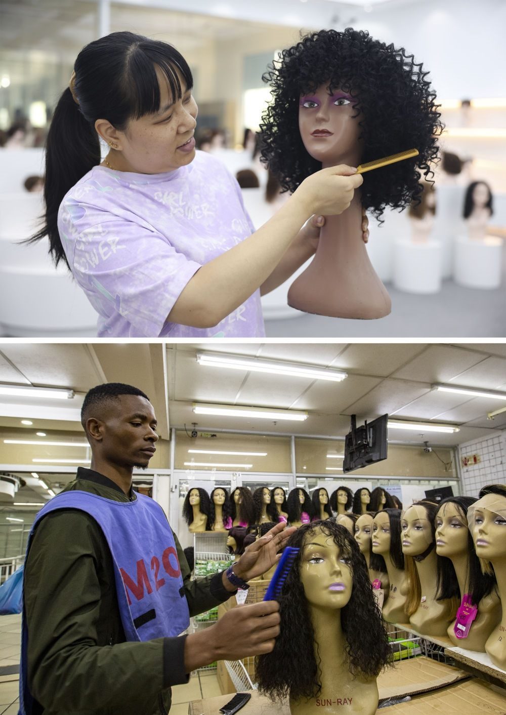 拼版照片：上圖為2023年5月25日，工人在湖南邵陽陽光發(fā)品有限公司展廳展示假發(fā)（新華社記者薛宇舸攝）；下圖為2023年6月9日，一名店員在湖南邵陽陽光發(fā)品有限公司位于南非約翰內(nèi)斯堡的店鋪內(nèi)展示假發(fā)（新華社記者張譽(yù)東攝）。新華社發(fā)