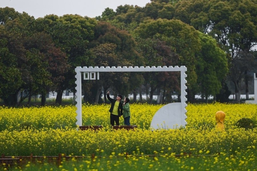  游客在浙江嘉興市秀洲區(qū)王店鎮(zhèn)鎮(zhèn)中村的“青青樂(lè)地”農(nóng)耕文化園內(nèi)游玩（2023年4月3日攝）。