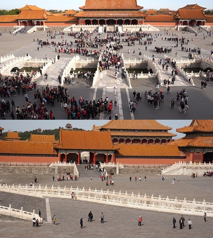 上午9時(shí)和下午13時(shí)的太和門(mén)廣場(chǎng)客流對(duì)比。故宮博物院供圖