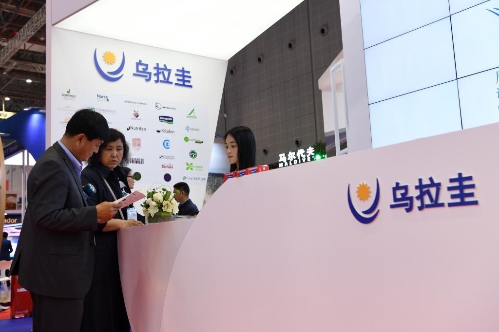 2019年11月6日，參觀者在第二屆進博會烏拉圭國家館展臺咨詢。