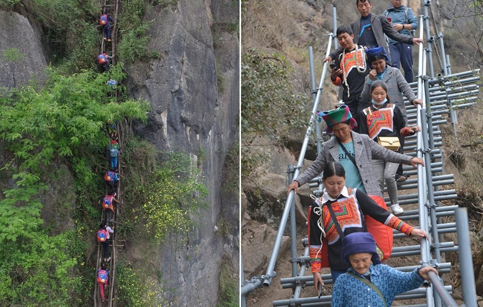 “懸崖村”今昔對比：左圖為2016年5月14日，“懸崖村”的孩子們攀爬木梯回家。右圖為2020年5月13日，“懸崖村”村民帶著行李通過鋼梯下山，搬遷至易地扶貧集中安置點的新家。