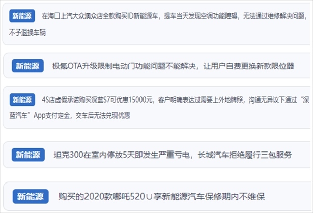 “人民投訴”用戶吐槽新能源汽車功能障礙多發(fā)、升級(jí)后配套服務(wù)跟不上、虛假優(yōu)惠、保修期內(nèi)不維保的問題。（“人民投訴”平臺(tái)截圖）