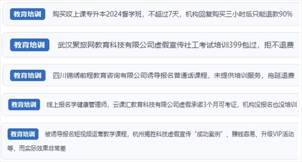 “人民投訴”用戶舉報(bào)機(jī)構(gòu)虛假宣傳包過包拿證、虛假承諾收益效果、課程服務(wù)貨不對(duì)板、退款難等在線教培亂象。（“人民投訴”平臺(tái)截圖）