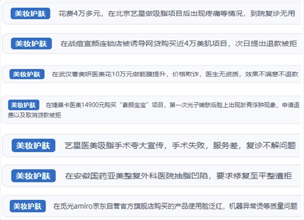 “人民投訴”用戶舉報(bào)醫(yī)美未達(dá)預(yù)期效果或?qū)е律眢w損傷退款遭拒、機(jī)構(gòu)及服務(wù)人員虛假資質(zhì)、被誘導(dǎo)高額醫(yī)美貸、網(wǎng)購美容儀器質(zhì)量不過關(guān)等問題。（“人民投訴”平臺(tái)截圖）