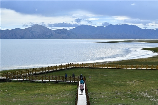 △ 游客行走在青海瑪多縣冬格措納湖畔的木棧道上。