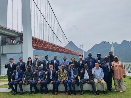 使節(jié)團與壩陵河大橋合影。新華社記者 吳思 攝