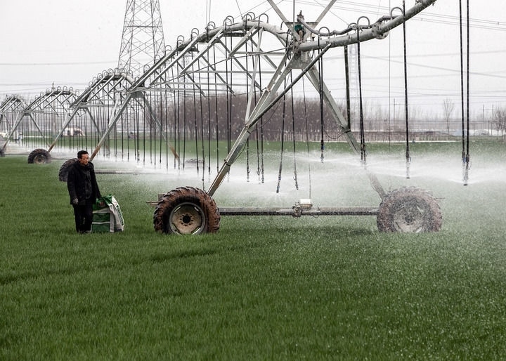 2024年3月18日，在河南省焦作市博愛(ài)縣孝敬鎮(zhèn)東原莊村瑞輝家庭農(nóng)場(chǎng)，村民使用全自動(dòng)指針式噴灌機(jī)進(jìn)行澆灌作業(yè)。新華社發(fā)（程全攝）