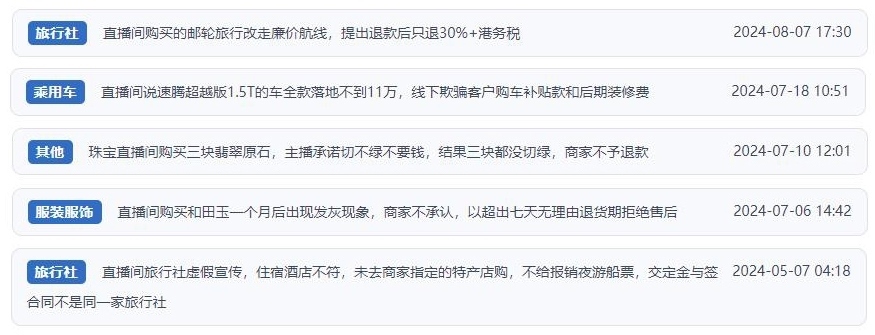 近期網(wǎng)友涉及直播購(gòu)物相關(guān)投訴問題。（“人民投訴”用戶投訴截圖）