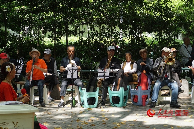成都居民在公園里演奏歌曲。人民網(wǎng) 王禹蘅攝
