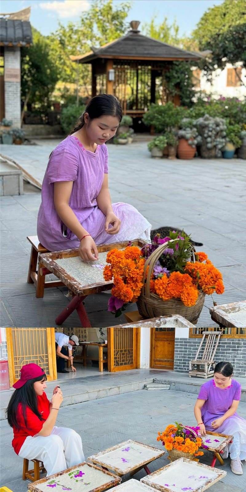 沒(méi)有女生不愛(ài)花。以古法造紙技藝為基礎(chǔ)，再輔以花草枝葉勾勒各式圖案，創(chuàng)作出花茂村獨(dú)具特色的紙漿壓花畫(huà)，少女手中的花是她眼中的風(fēng)景，而她與正在制作的紙漿壓花畫(huà)也是別人眼中的風(fēng)景。（哈薩克斯坦BAQ通訊社高級(jí)記者古爾詹·拉曼庫(kù)洛娃、張亞欣攝）