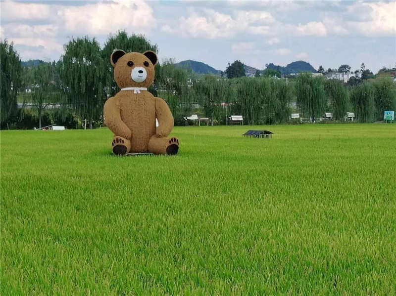 稻穗搖曳，垂柳依依，山嵐多姿，好一幅歲月靜好山鄉(xiāng)恬靜圖。這憨厚俏皮的熊玩偶造型，像是亂入其中，形成現(xiàn)代與傳統(tǒng)、好動(dòng)與寧?kù)o的反差感，讓人過(guò)目不忘，也讓人莞爾一笑。（哈薩克斯坦鳳凰24新聞社總編輯兼首席執(zhí)行官克馬爾·馬山羅攝）