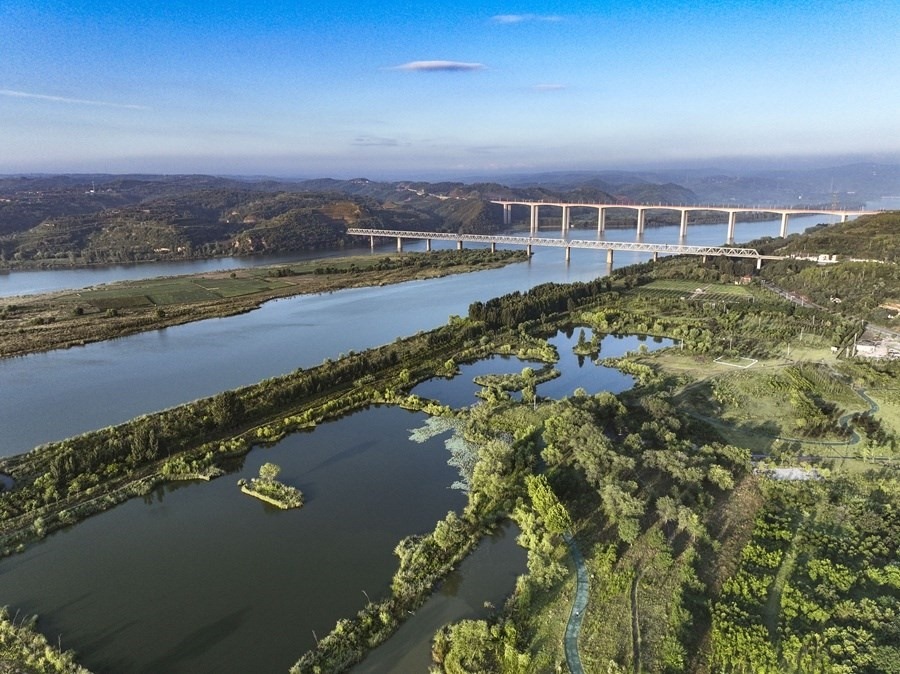 這是2023年8月28日在河南黃河濕地國(guó)家級(jí)自然保護(hù)區(qū)濟(jì)源段拍攝的景色（無(wú)人機(jī)照片）。新華社發(fā) 苗秋鬧 攝