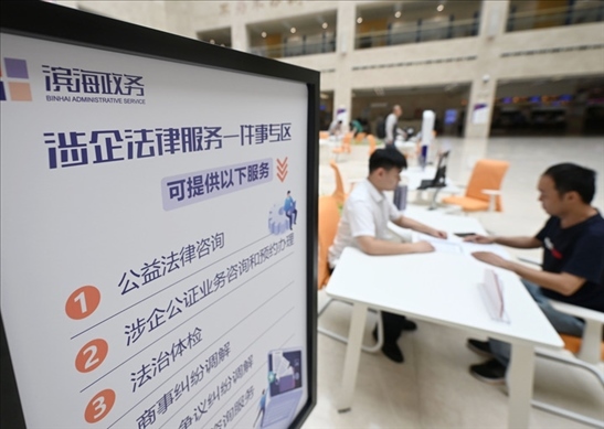 在天津?yàn)I海新區(qū)政務(wù)服務(wù)中心，工作人員在“涉企法律服務(wù)一件事”專區(qū)為市民提供服務(wù)（2024年7月31日攝）。新華社記者 趙子碩 攝
