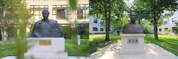 拼版照片：左圖為中央黨校（國(guó)家行政學(xué)院）校園內(nèi)的焦裕祿雕塑；右圖為中央黨校（國(guó)家行政學(xué)院）校園內(nèi)的谷文昌雕塑。