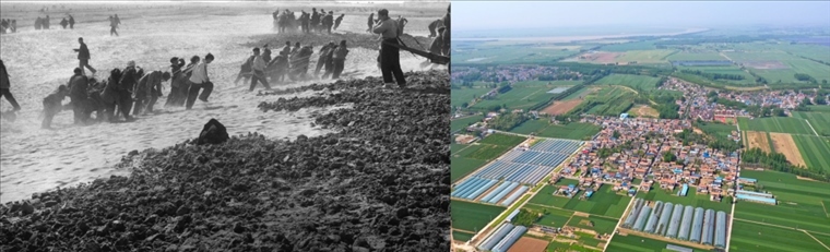 拼版照片：左圖為蘭考群眾在拉淤土壓沙（新華社記者 鄧歷耕 攝）；右圖為2024年4月25日拍攝的蘭考縣張莊村（無(wú)人機(jī)照片，新華社記者 郝源 攝）。