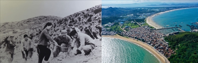 拼版照片：左圖為東山縣群眾在荒山上種植樹苗（資料照片）；右圖為2020年6月18日拍攝的東山縣陳城鎮(zhèn)澳角村附近風(fēng)光（無(wú)人機(jī)照片，新華社記者 姜克紅 攝）。