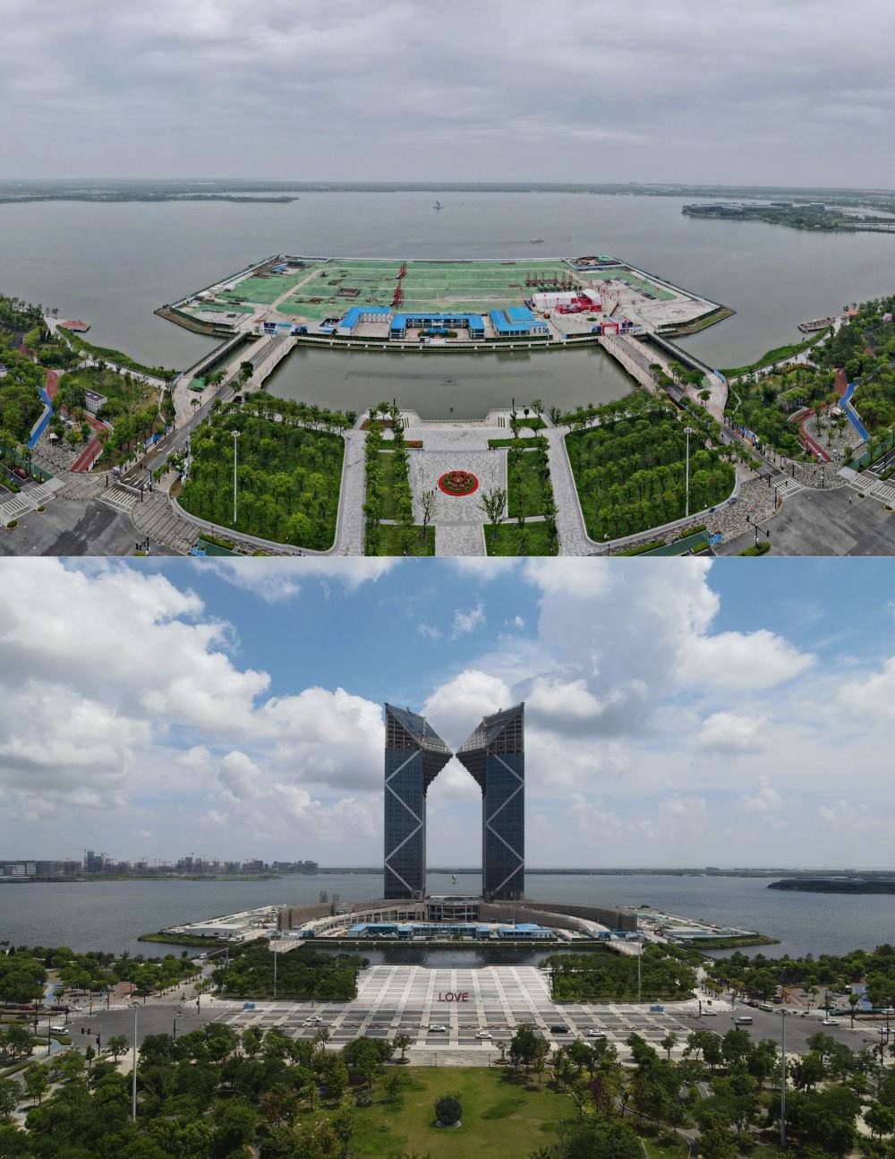 拼版照片：空中俯瞰中國（上海）自由貿(mào)易試驗(yàn)區(qū)臨港新片區(qū)滴水湖西島中銀金融中心項(xiàng)目現(xiàn)場（上圖為2021年6月20日攝，無人機(jī)照片；下圖為2024年8月14日攝，無人機(jī)照片）。2019年8月20日，臨港新片區(qū)揭牌成立，一個(gè)開放新高地在長江與東海交匯處日益崛起。