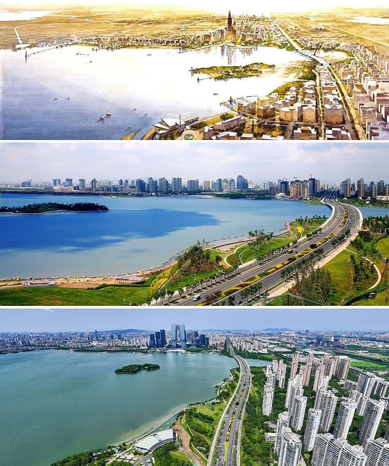 拼版照片：上圖為1994年繪制的蘇州工業(yè)園區(qū)手繪規(guī)劃圖；中圖為2007年拍攝的蘇州工業(yè)園區(qū)；下圖為2023年7月4日用無人機拍攝的蘇州工業(yè)園區(qū)。