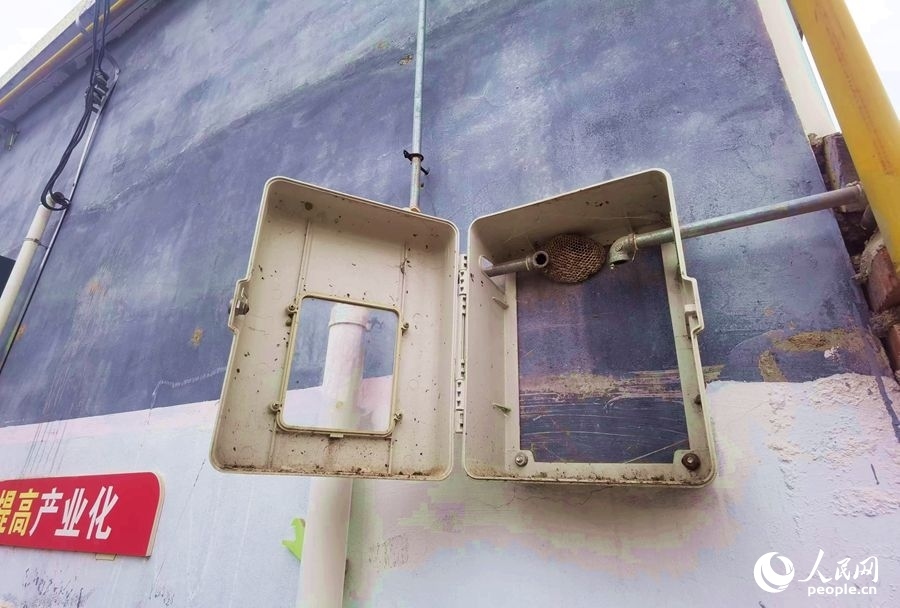 在玉山村的一處未安裝燃氣表的表箱內，掛著一個馬蜂窩。人民網記者 慎志遠攝