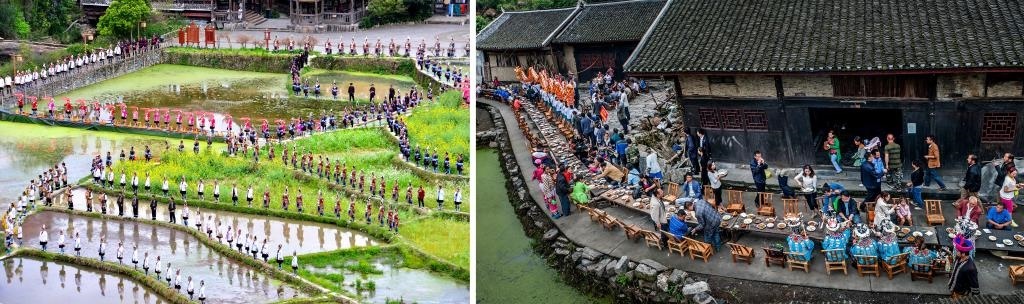 左圖：近期，人們在黎平縣肇興侗寨的田園里演唱侗族大歌（黎平縣委宣傳部供圖）；右圖：這是2023年拍攝的十八洞村長桌宴（湘西州委宣傳部供圖）。