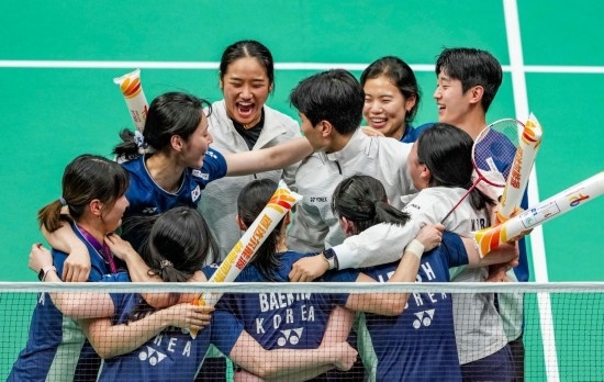 5月3日，韓國隊慶祝晉級決賽。新華社記者 孫非 攝