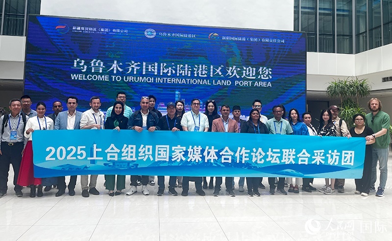 5月26日，外國(guó)媒體人在烏魯木齊國(guó)際陸港區(qū)合影留念。 人民網(wǎng)記者 翟轉(zhuǎn)麗攝
